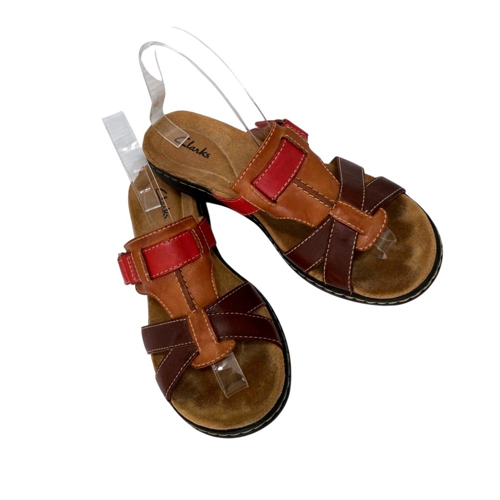 Clarks Slide Sandals Womens 8W Brown Tan Red Leather Adjustable Comfort Straps